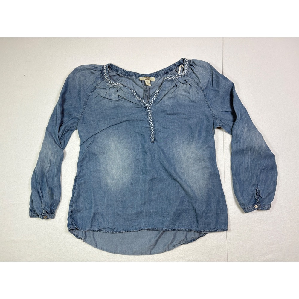 Vintage America Blues Women Blue Lyocell Embroidered Boho Peasant Blouse Large